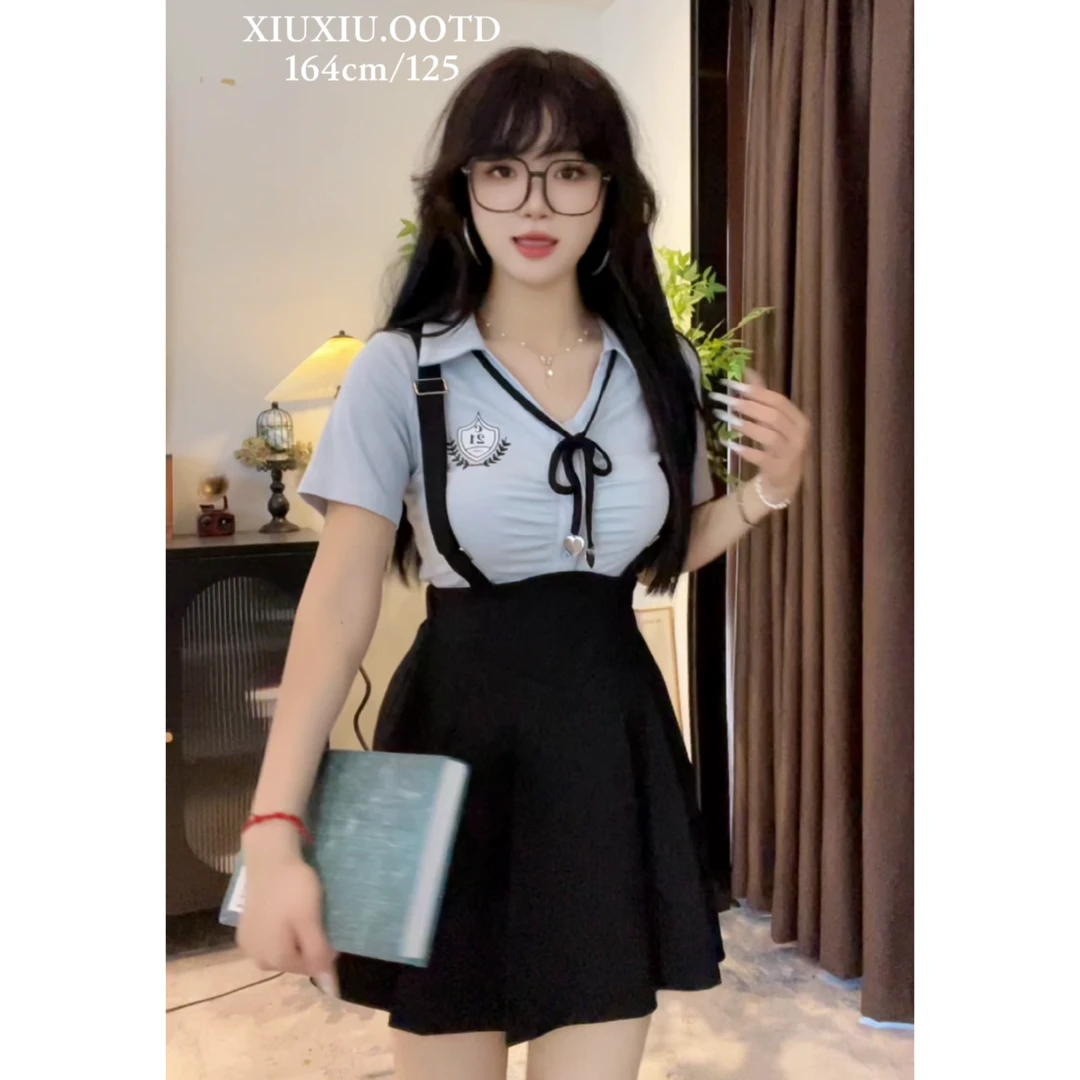 【追光少女】6580+6008微胖纯欲甜辣短袖T恤学院风套装V领小众上衣