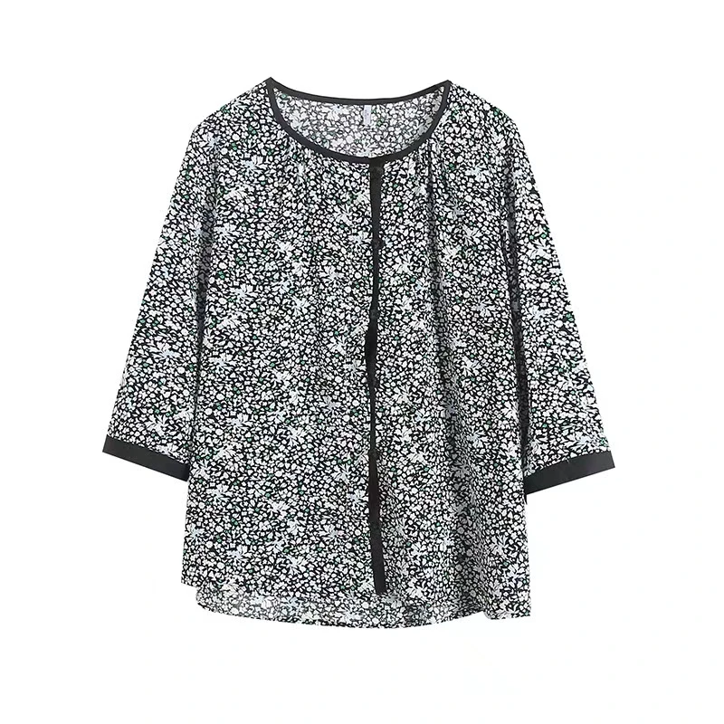 （圆领碎花T恤）复古文艺范儿圆领系扣宽松廓形气质碎花小衫W