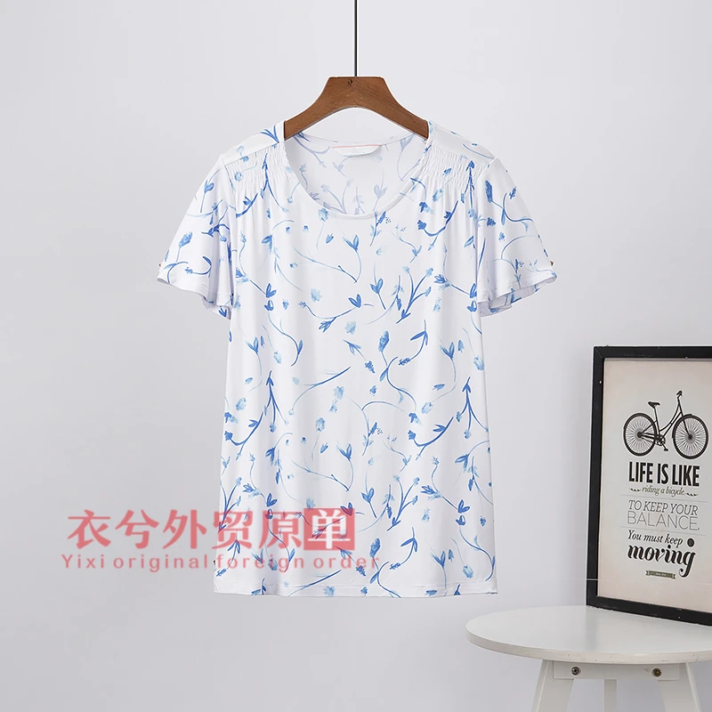 （欧美单）外贸高品质休闲舒适弹力碎花圆领时尚短袖T恤盖袖衬衫