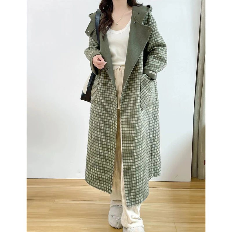 （格纹连帽毛呢大衣）661501秋冬季新款文艺复古格纹连帽大衣Z