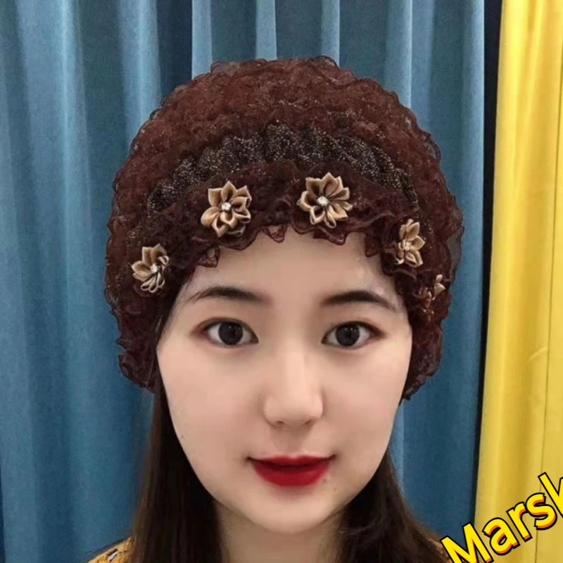 四季款小花朵包头帽蕾丝帽遮白发帽时尚居家骑车防风帽光头帽D126