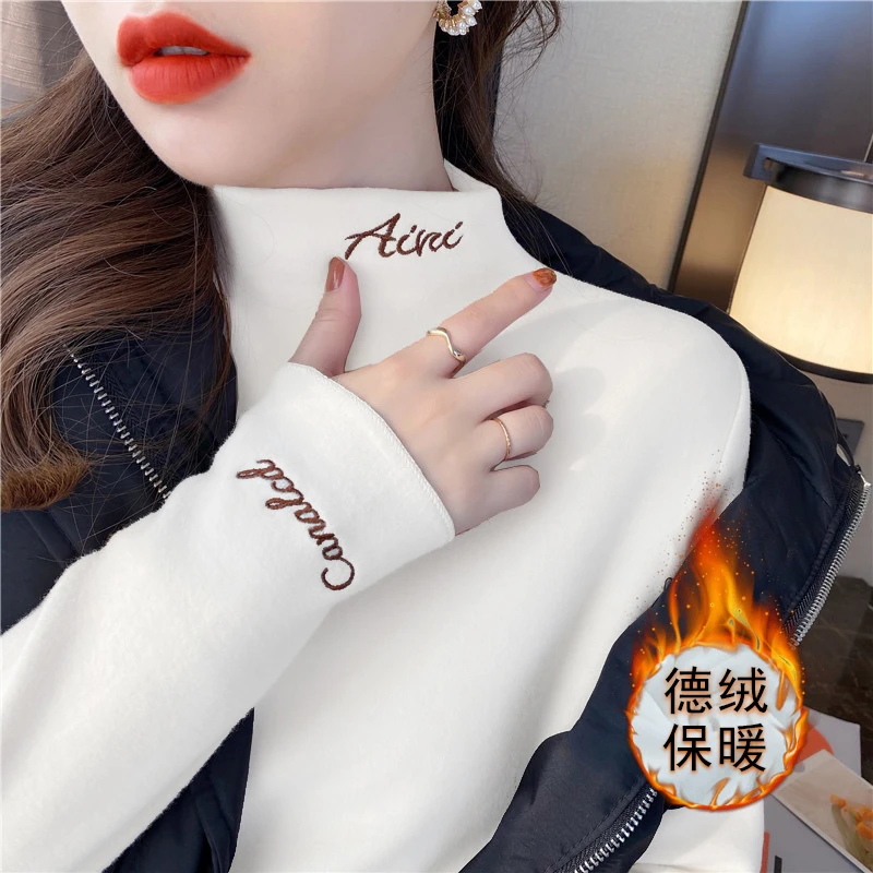 双面绒半高领打底衫女秋冬季内搭2023年新款洋气磨毛保暖刺绣上衣
