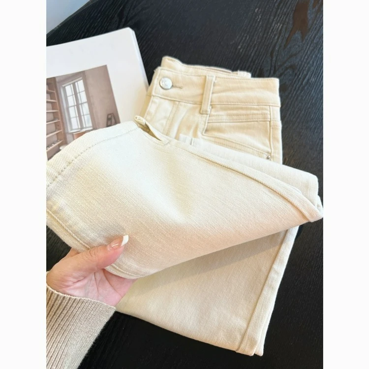 开叉米白烟管裤显瘦宽松九分直筒裤新款牛仔裤女修身韩版百搭