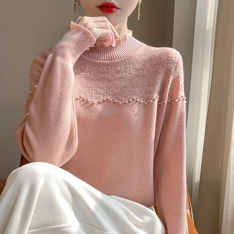 高级感2024款蕾丝边半高领镂空针织衫可外穿打底衫宽松小香风毛衣