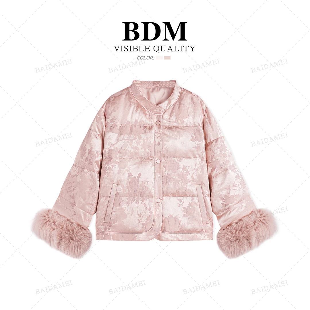 佰搭美KK国风立领保暖袖狐狸毛羽绒服女冬季韩版宽松白鸭绒92203