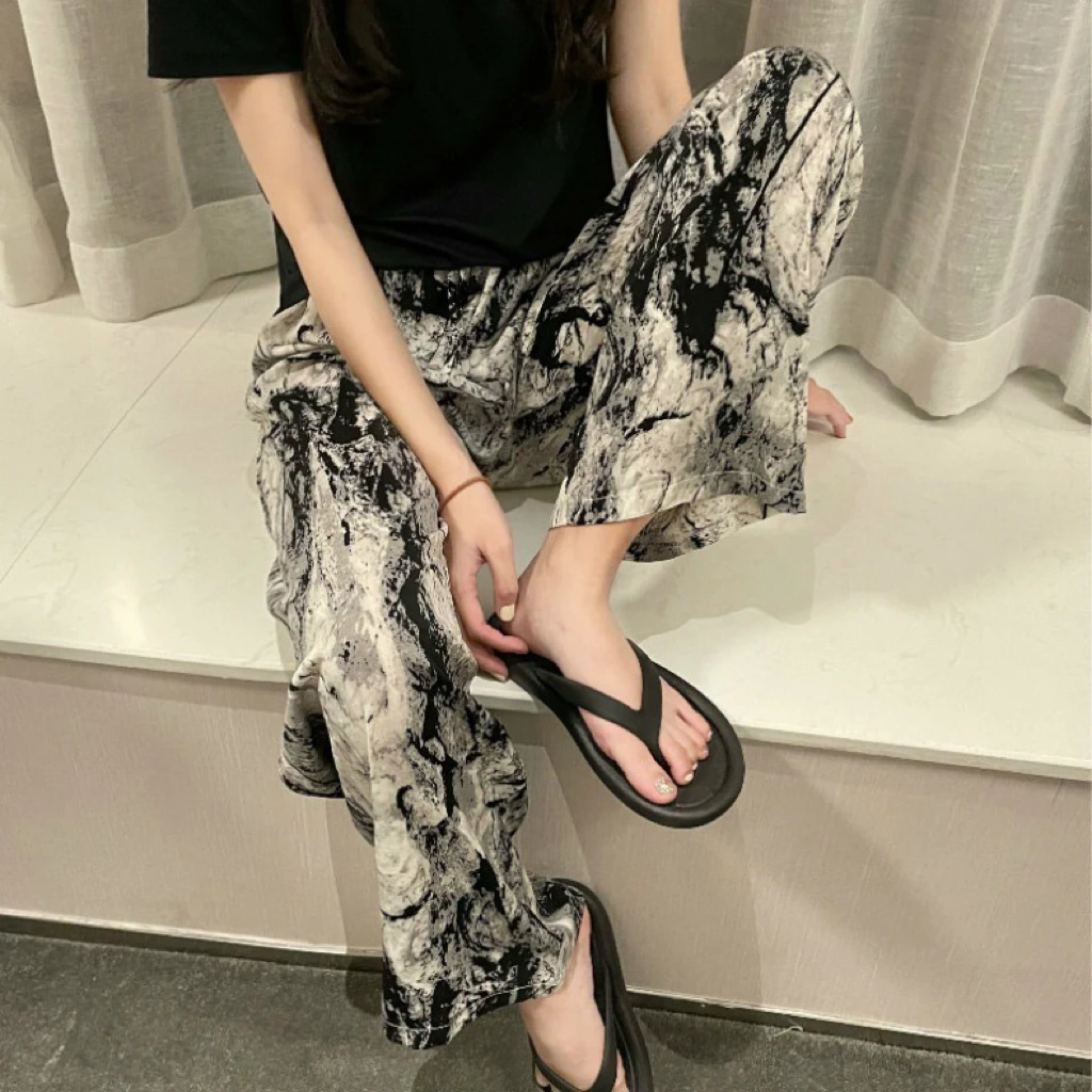 女士薄款夏季居家人棉绵绸睡裤沙滩九分加大码宽松棉绸阔腿裤