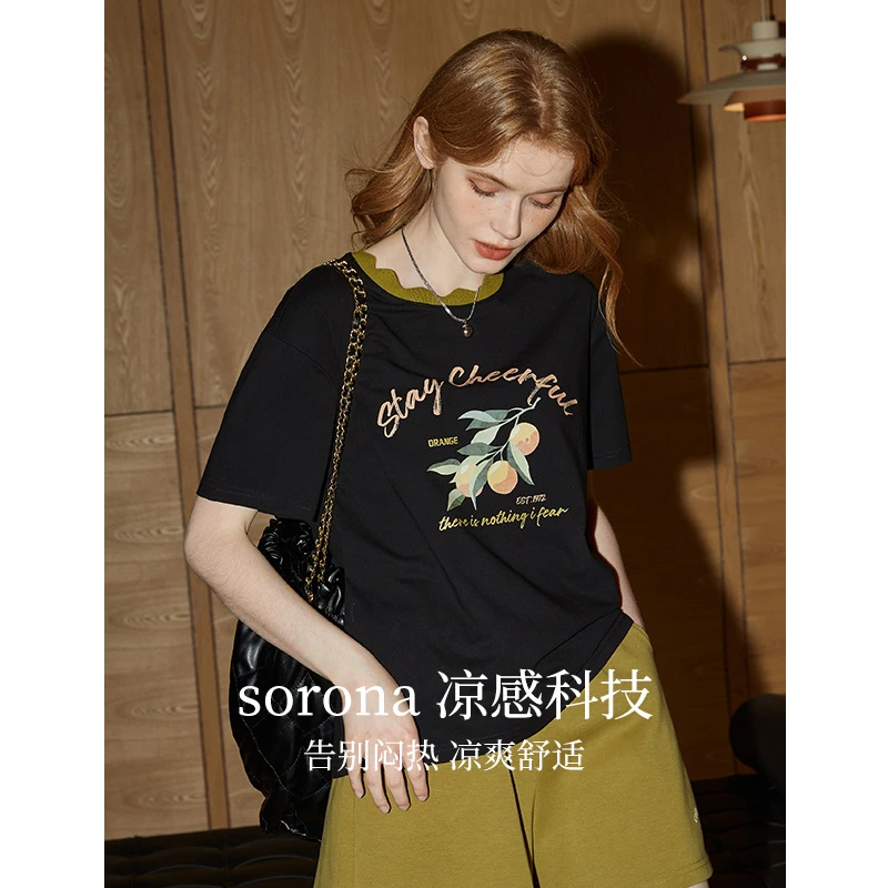 【凉感面料】库恩玛维别致花边领短袖T恤女2025春夏新款半袖上衣