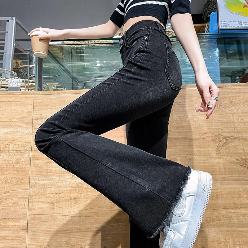 黑灰色微喇牛仔裤女夏季薄款超高腰显瘦马蹄裤小个子毛边喇叭裤子