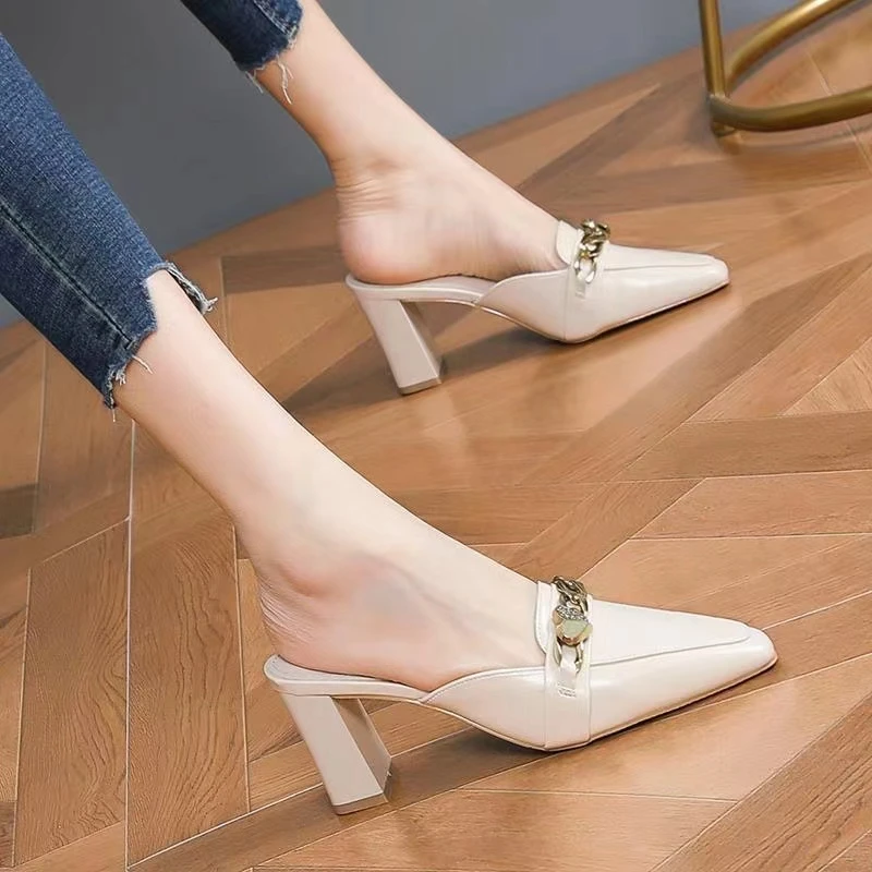 女尖头半拖鞋夏时尚外穿2024年夏季金属扣懒人高跟鞋女白色穆勒鞋