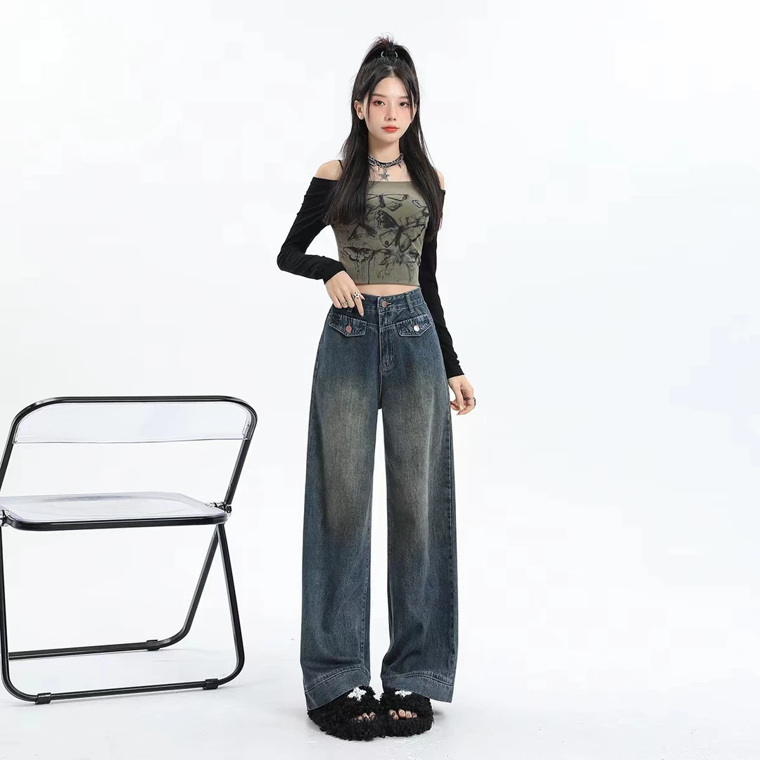 复古牛仔裤女2023早秋新款高腰宽松显瘦美式垂感拖地直筒阔腿裤