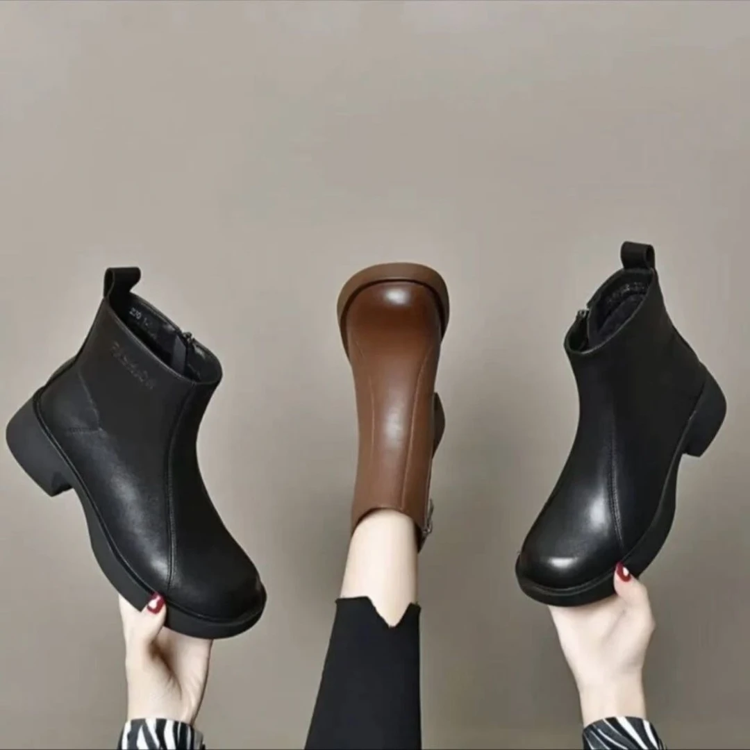 真皮短靴2024秋冬冬季新款加绒圆头保暖软底马丁靴防滑耐磨女鞋