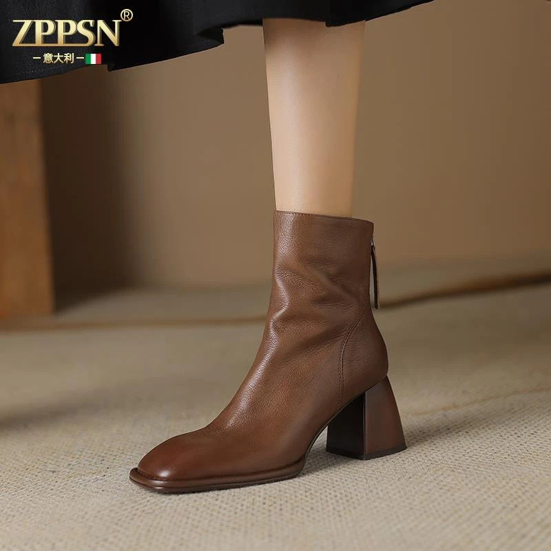 复古英伦风软皮切尔西靴高跟短靴女真皮瘦瘦靴方头粗跟百搭单靴