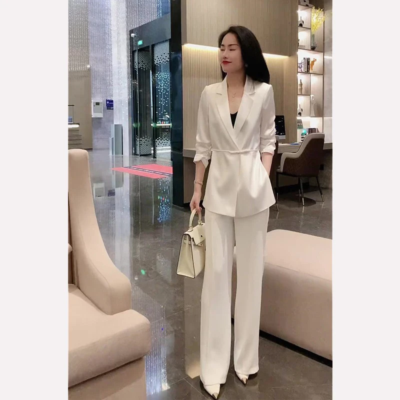 白色缎面抽绳西装套装女夏季薄款高级感职业正装阔腿裤西服两件套