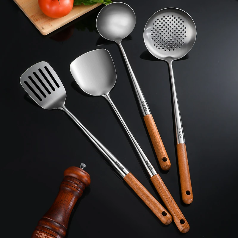 迪尼兰316加长不锈钢锅铲加厚炒勺大炒铲家用套装木柄炒菜铲子