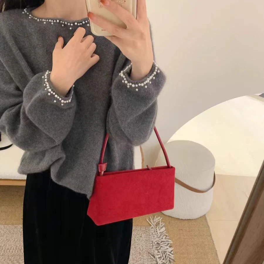 法式重工绿色钉珠毛衣针织打底衫女秋冬小香风毛衣内搭洋气小上衣