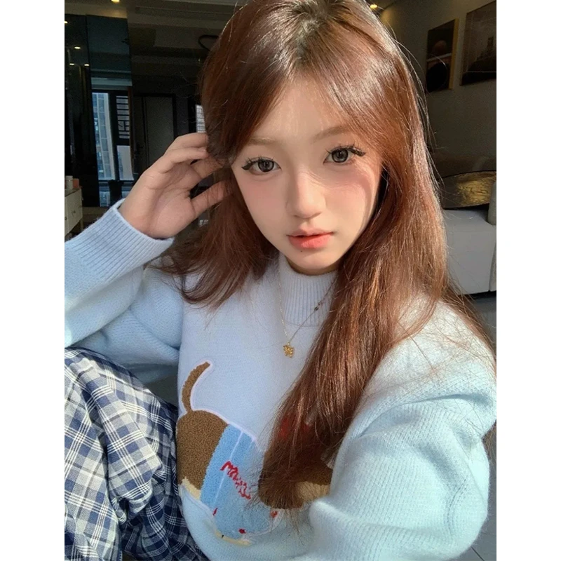 爱小狗刺绣慵懒毛衣春秋季圆领潮牌温柔时尚高级感针织衫外套潮