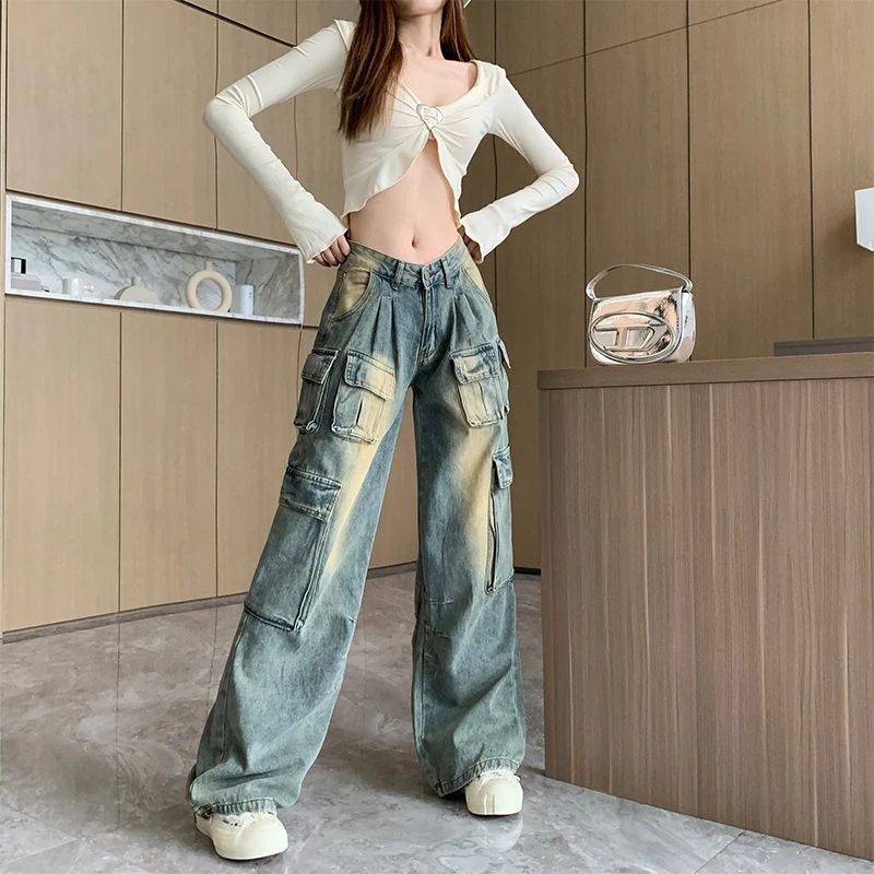 大口袋牛仔阔腿裤女工装潮酷嘻哈晕染牛仔直筒长裤子宽松显瘦复古