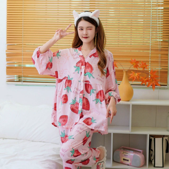 【粉色草莓】超凉快可外穿棉绸人造棉家居服睡衣七分袖套装