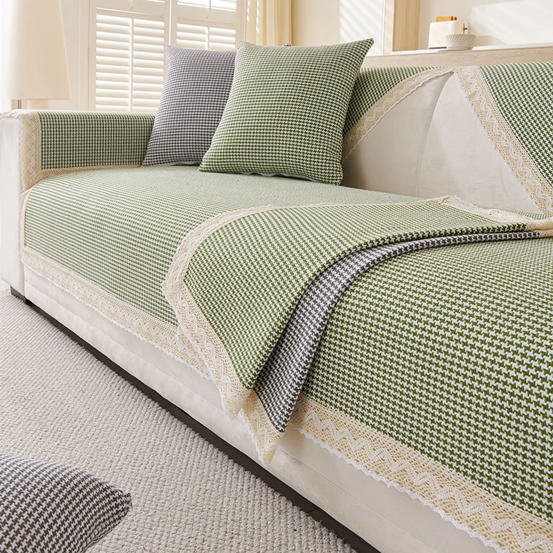 小千鸟系列-绿-棉麻老粗布沙发垫三件套四季通用防滑加厚防猫抓