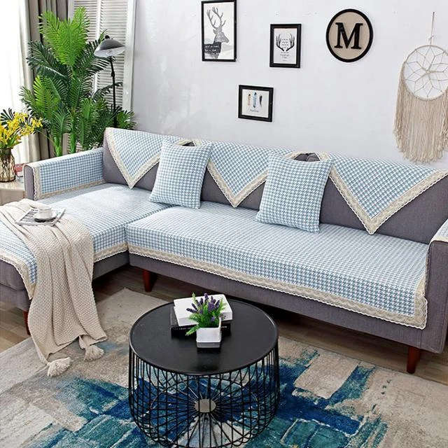 千鸟蓝-棉麻老粗布沙发垫三件套四季通用防滑加厚客厅家用