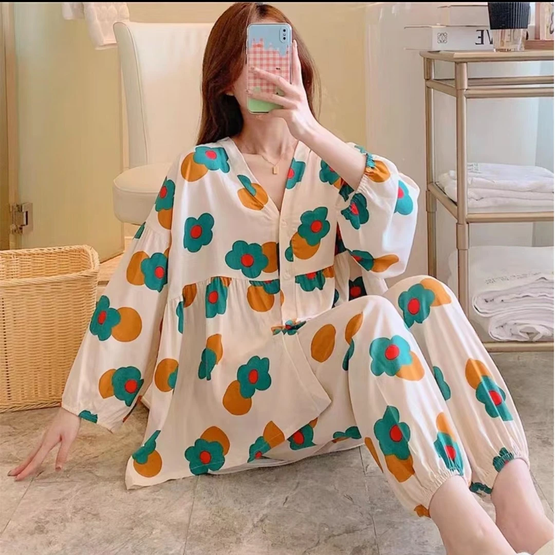 【白底小绿花】超凉快可外穿棉绸人造棉家居服睡衣七分袖套装
