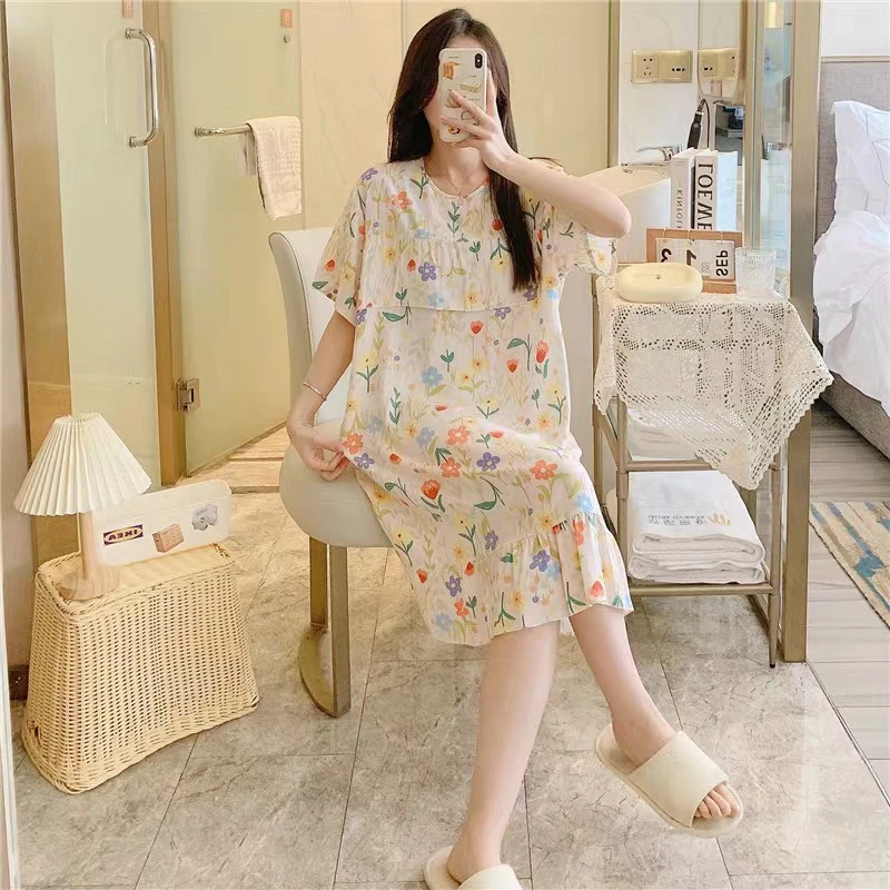 【浅白彩花】防凸点超凉快可外穿棉绸睡衣人造棉睡裙