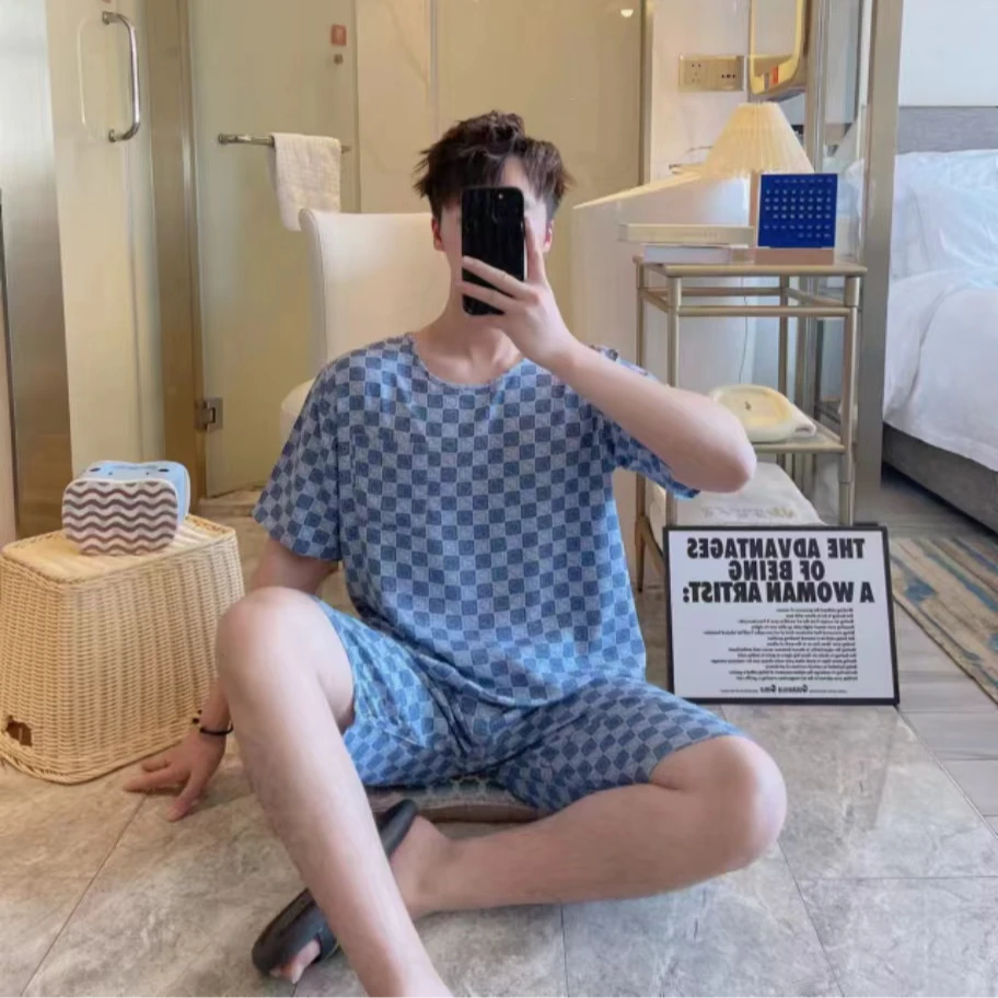 【方格爱心-蓝】超凉快可外穿棉绸睡衣人造棉家居服