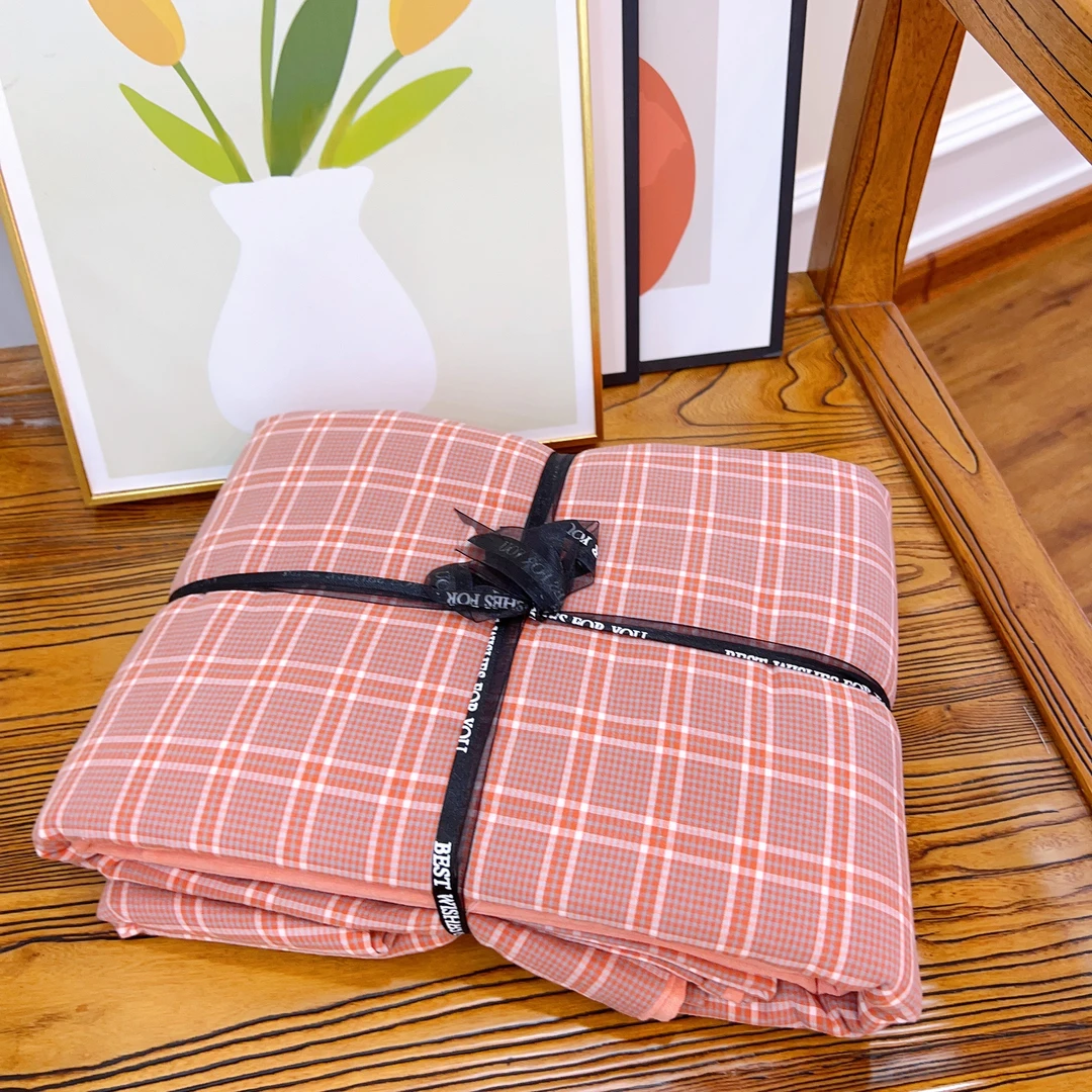 【韶华小格-桔】-床裙款全棉色织水洗棉四件套高温水洗柔软