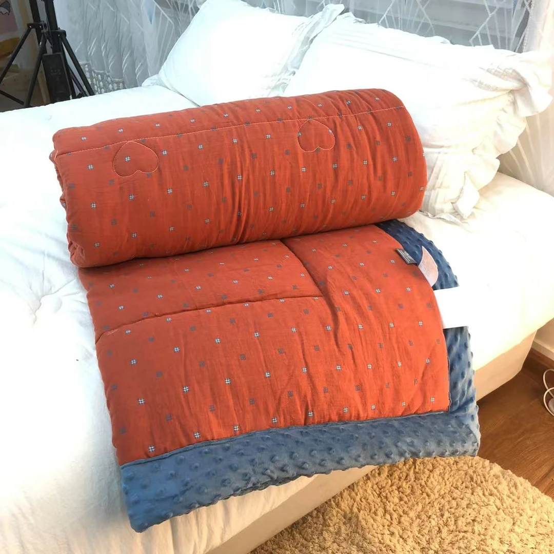 【花妍红】双人加厚全棉色织双层纱豆豆被！填充大豆纤维！