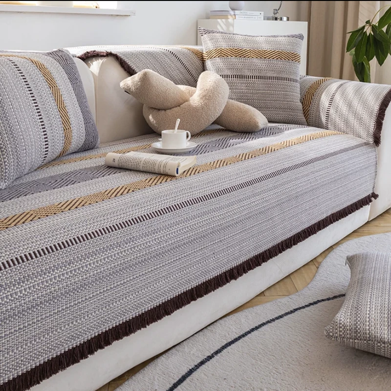 流苏咖-棉麻老粗布沙发垫三件套四季通用防滑加厚客厅家用