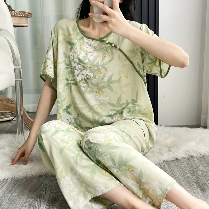 棉绸睡衣女夏短袖人造棉绵绸中式薄款宽松家居服凉感套装
