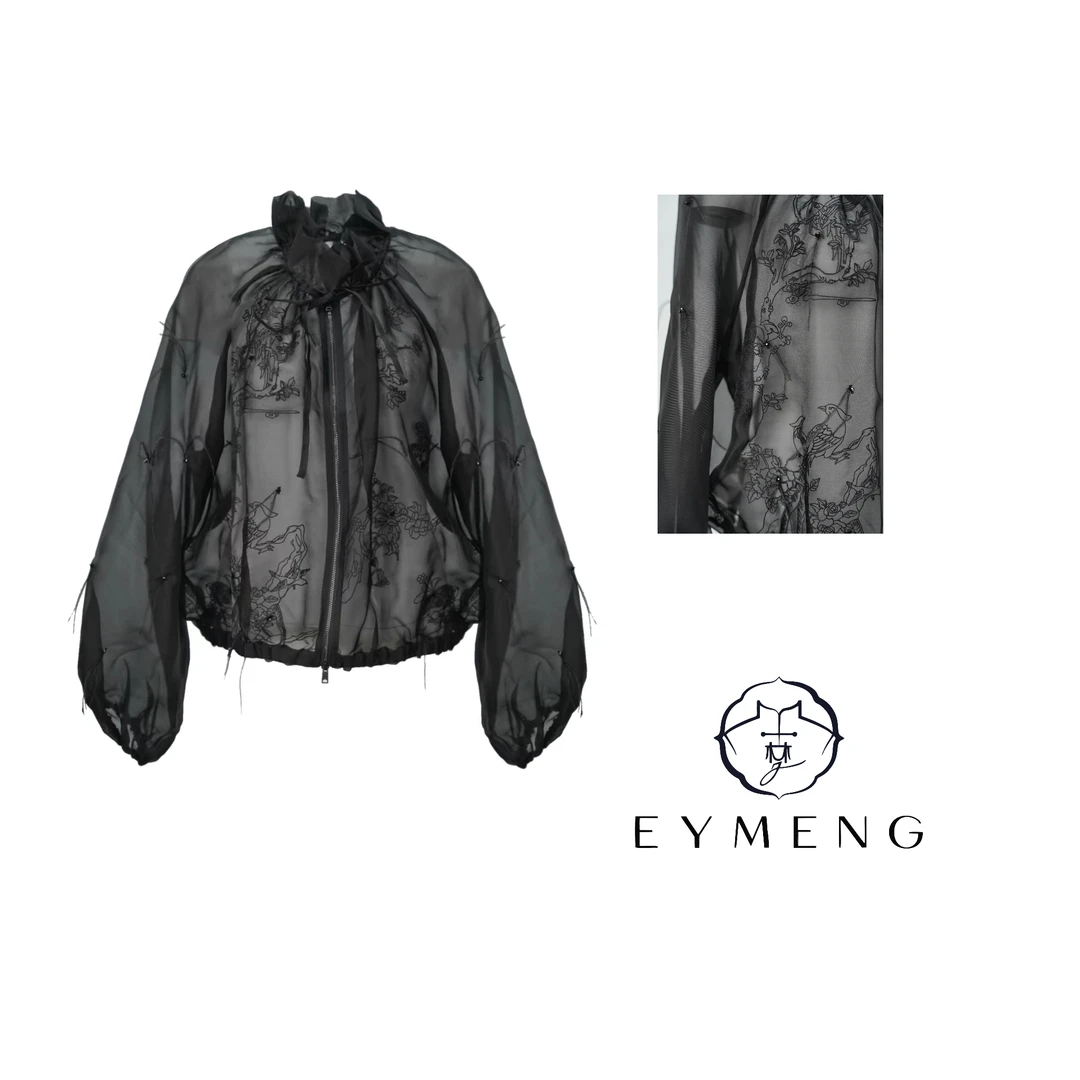 EYMENG【青云仙子】新中式时尚休闲重工钉珠羽毛褶皱肌理设计师套装