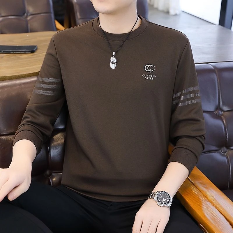 春秋季长袖T恤新款上衣圆领卫衣休闲卫衣男士中青年打底衫百搭潮