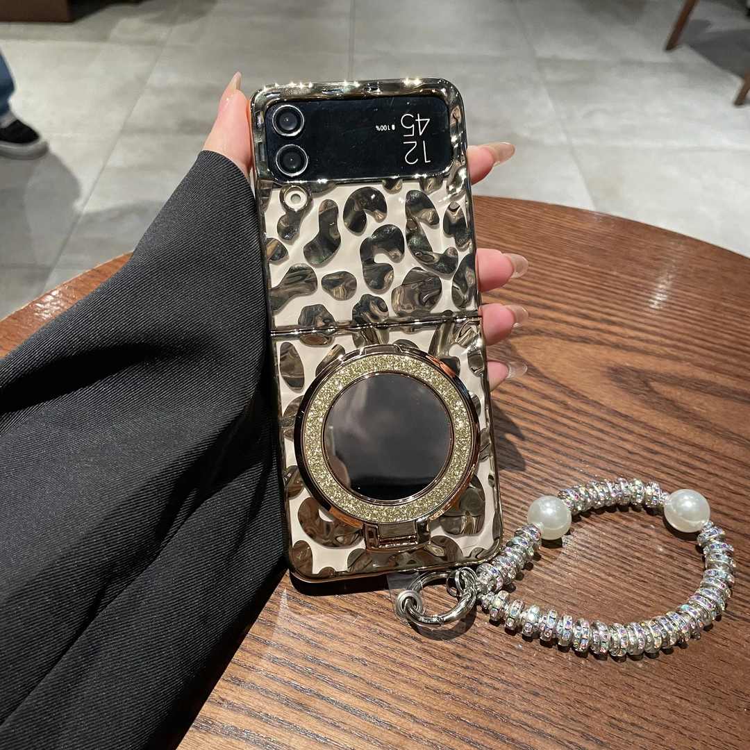 适用三星zflip4手机壳镜子金色豹纹小折叠屏保护套zflip3外壳潮流