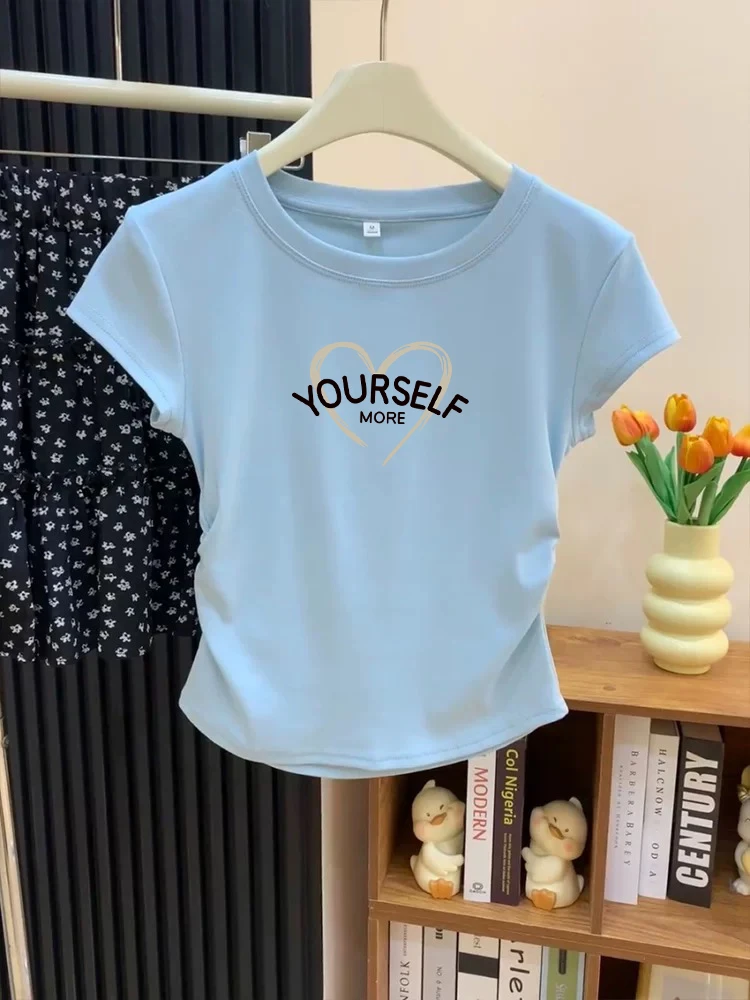 多巴胺抽褶掐腰大码显瘦浅蓝色短袖女T恤设计感2024夏季正肩上衣