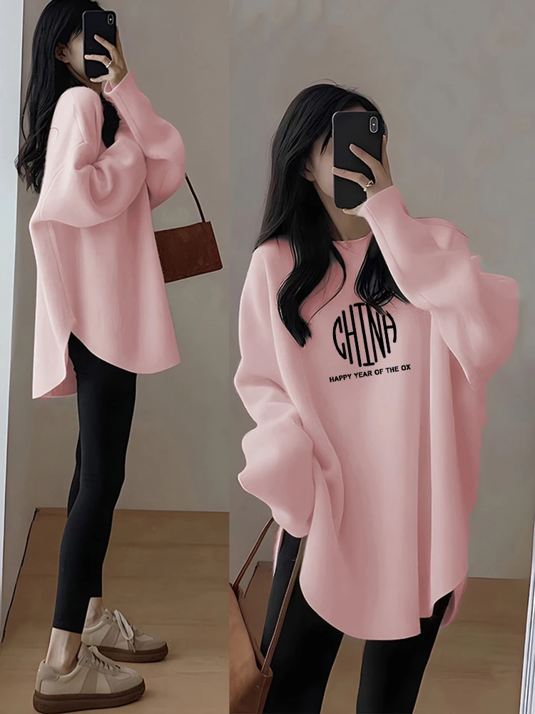 秋冬季配鲨鱼裤的上衣德绒加厚保暖打底衫中长款遮屁股长袖t恤女