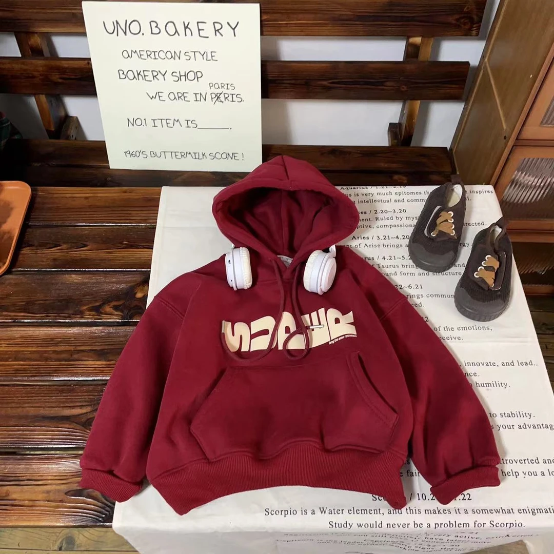 2023新款冬款儿童连帽卫衣红色SUPER款加绒卫衣百搭