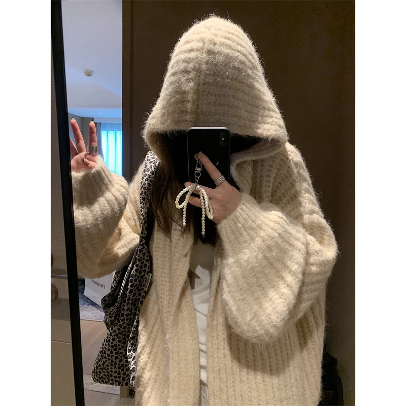 连帽毛衣外套女秋冬新款宽松显瘦慵懒风软糯针织开衫外穿上衣女装