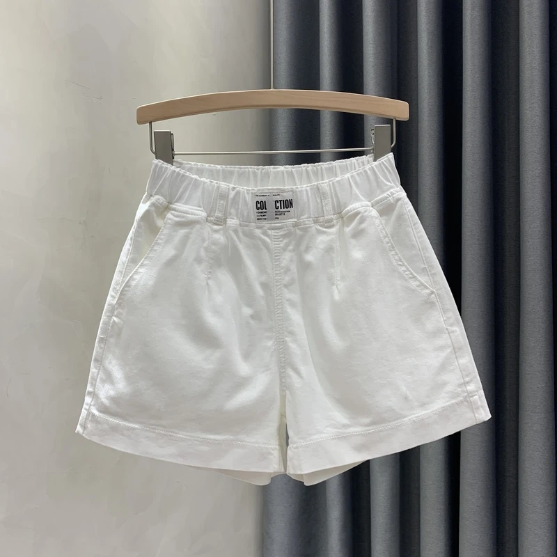 韩版白色休闲牛仔短裤女夏季新款宽松显瘦松紧高腰阔腿a字裤热裤