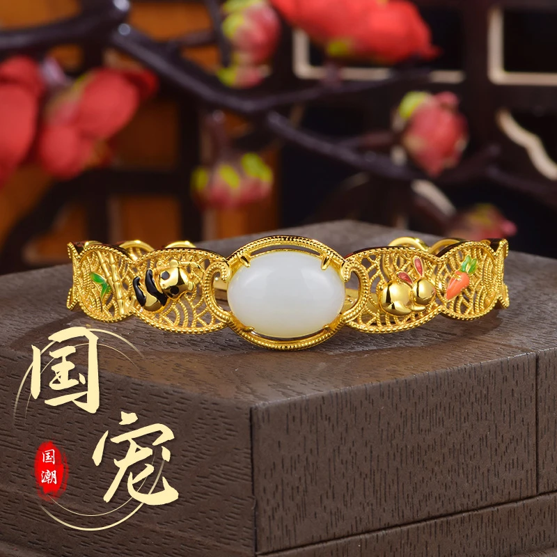 925银珐琅手镯 【国宠手链】纯银镀K金蛋面开口国风古风手镯【K1372】