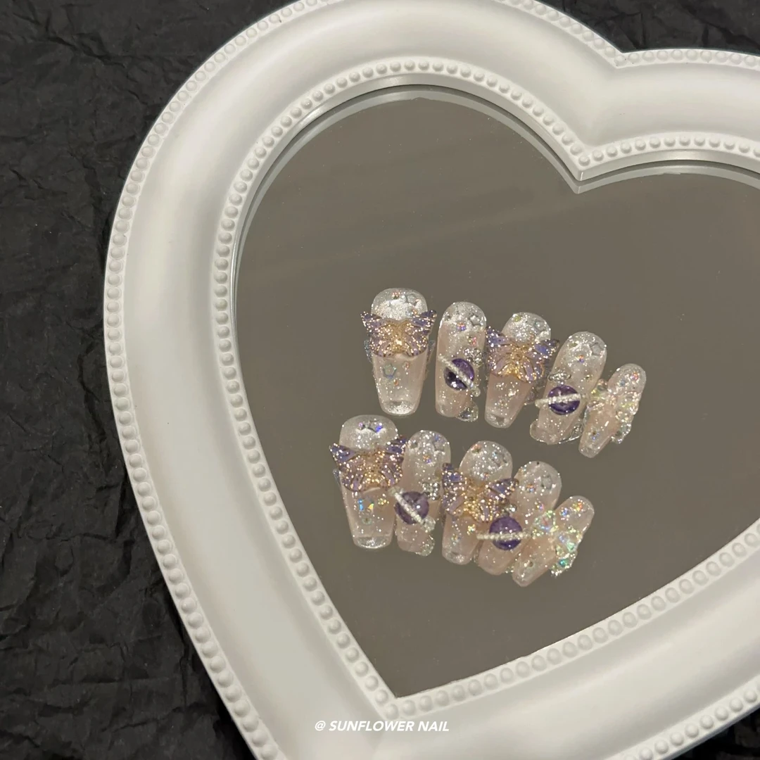 蝴蝶星球丨纯手工穿戴甲片爆闪Y2K辣妹夏中长款梯形紫色学生美甲