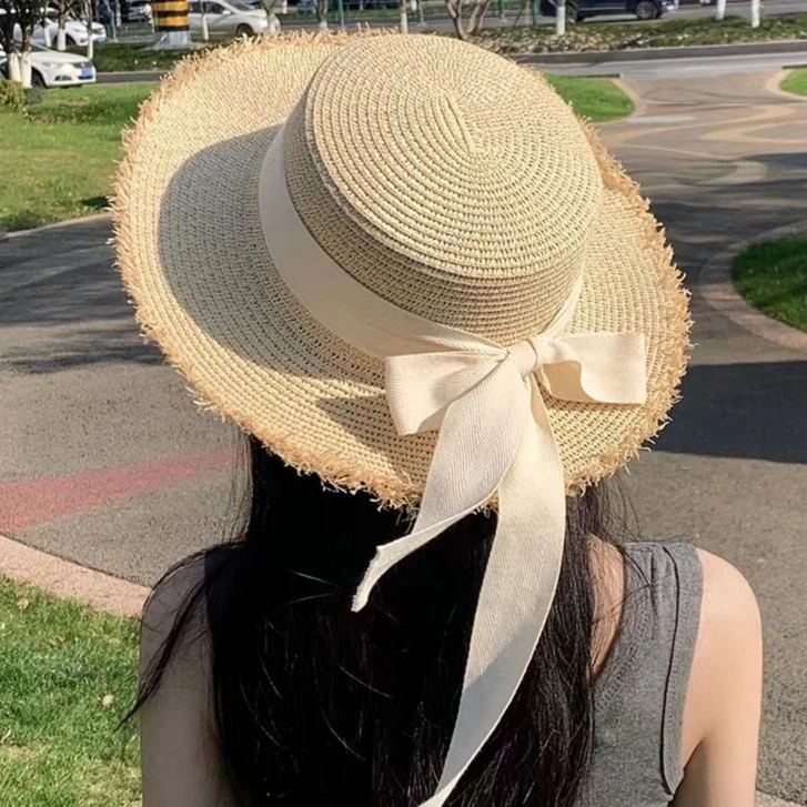 网红女款毛边草帽海边拍照夏天太阳帽时尚蝴蝶结防晒帽草编帽子