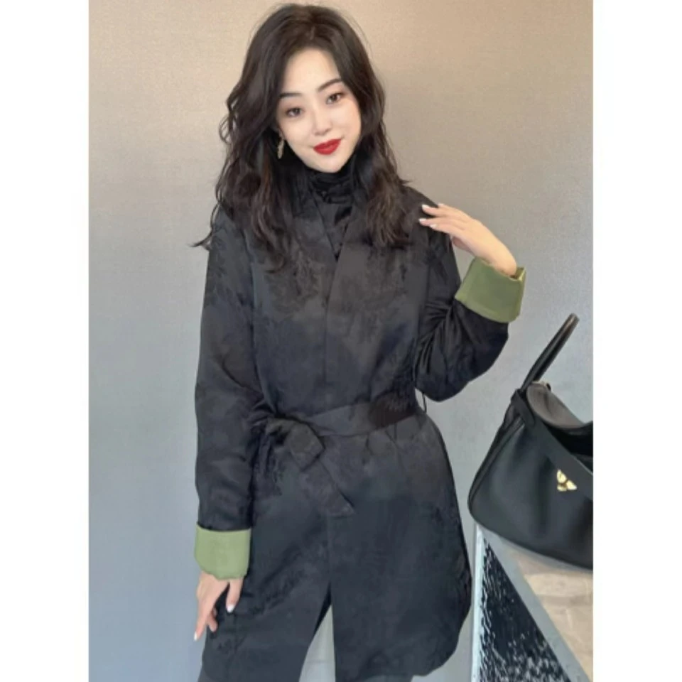 欧漫家浮雕提花系带气质显瘦收腰时尚长款中式风衣外套