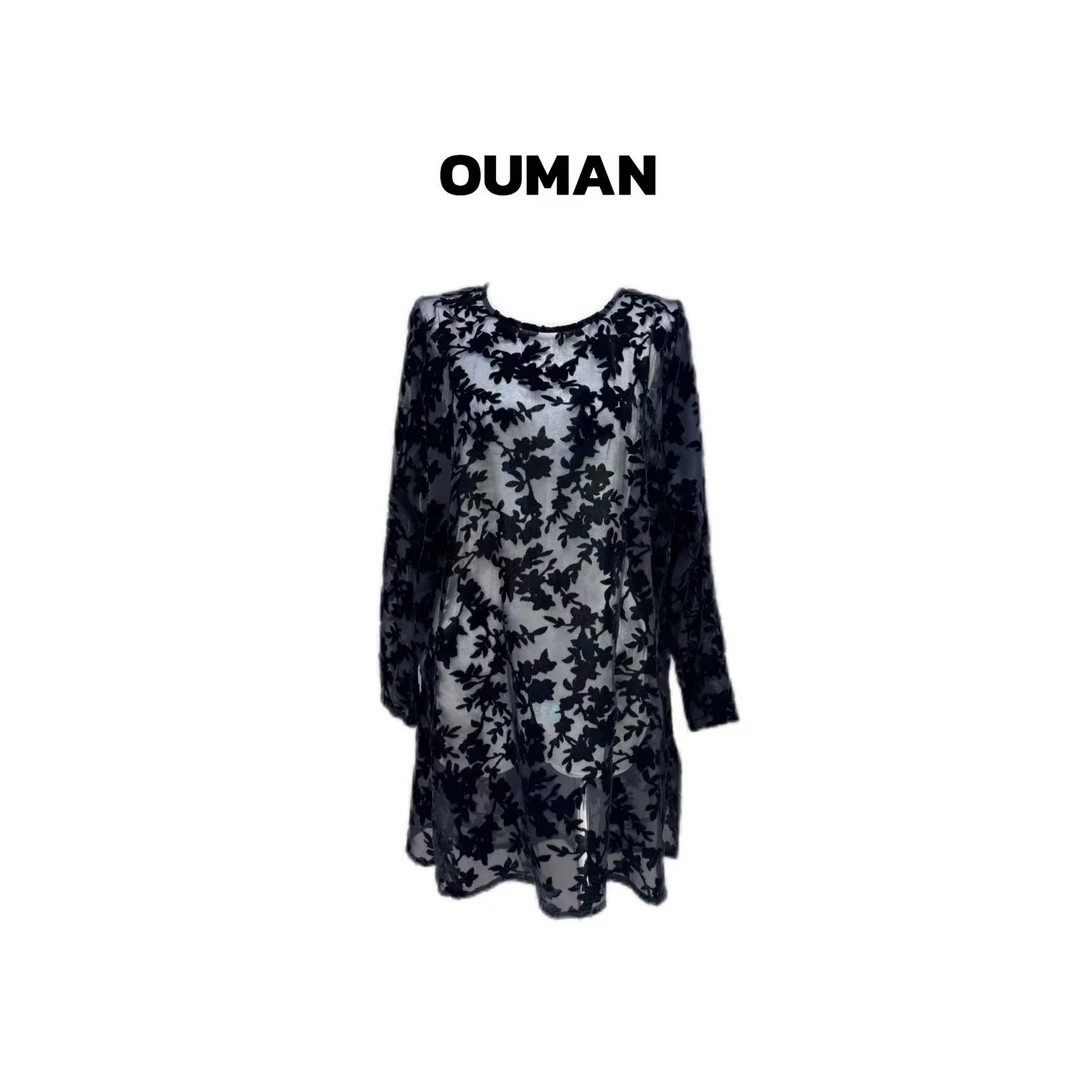 欧漫家【植绒碎花】定制植绒烧花前短后长上衣（现货）