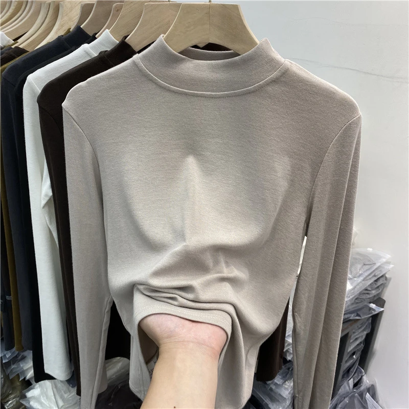 欧货磨毛加绒半高领打底衫女长袖T恤2022秋冬新款叠穿内搭上衣ins