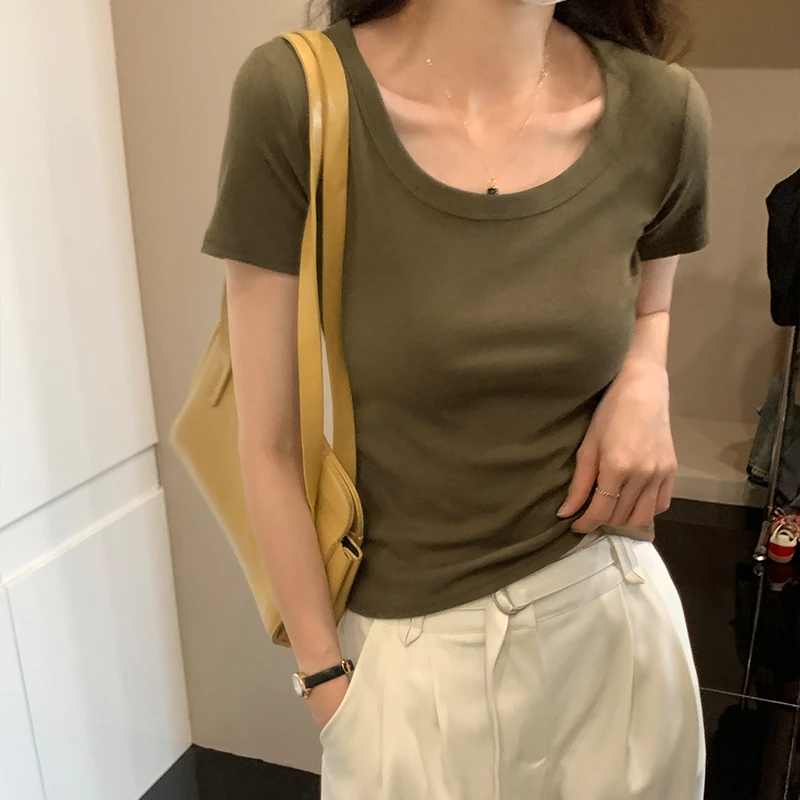 螺纹棉正肩短袖t恤女装2025夏修身显瘦百搭辣妹短款洋气减龄上衣