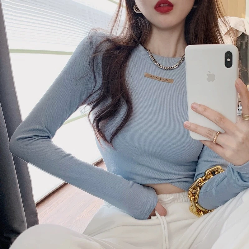 高腰露脐短款上衣长袖t恤纯色超火显瘦修身洋气紧身打底衫女秋冬