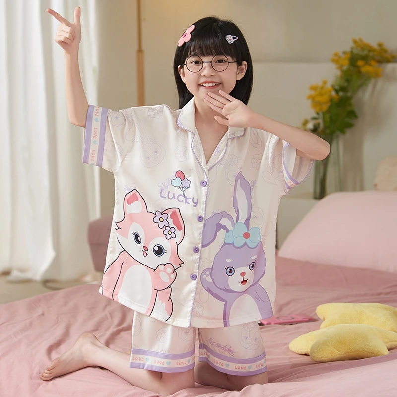 儿童冰丝短袖儿童款睡衣夏季外穿薄款女孩宽松家居服甜美学生大童
