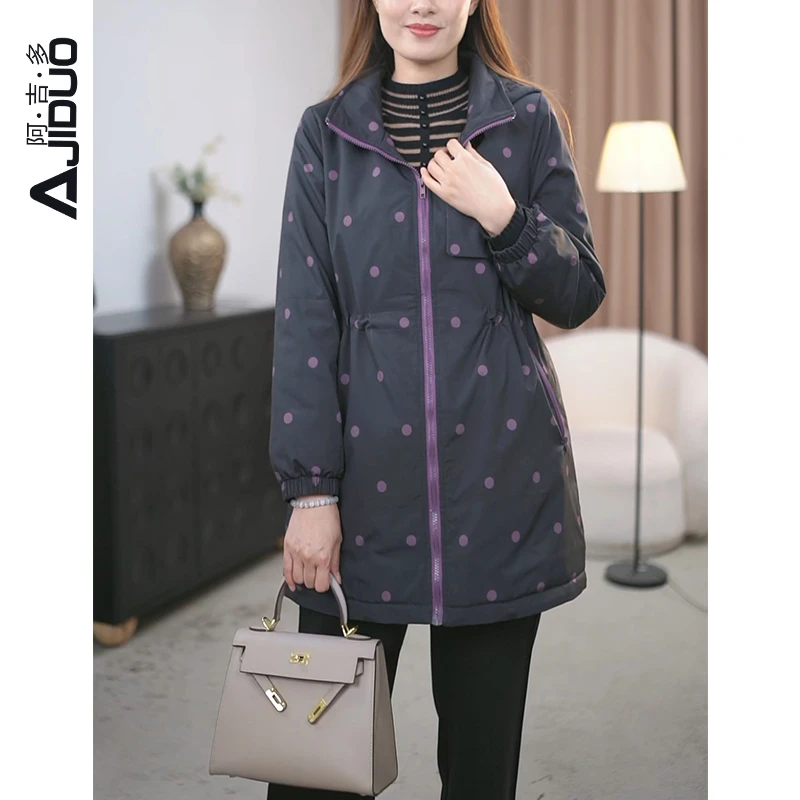 阿吉多A20696波点印花棉服外套女2024年新款冬季休闲百搭保暖棉衣