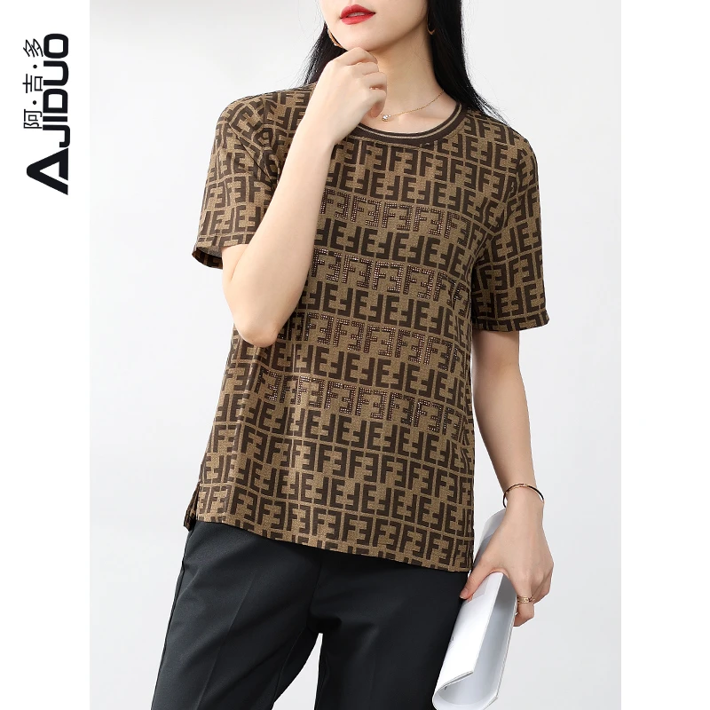 阿吉多短袖t恤潮牌时尚夏季新款女印花压钻开叉显瘦遮肚子上衣